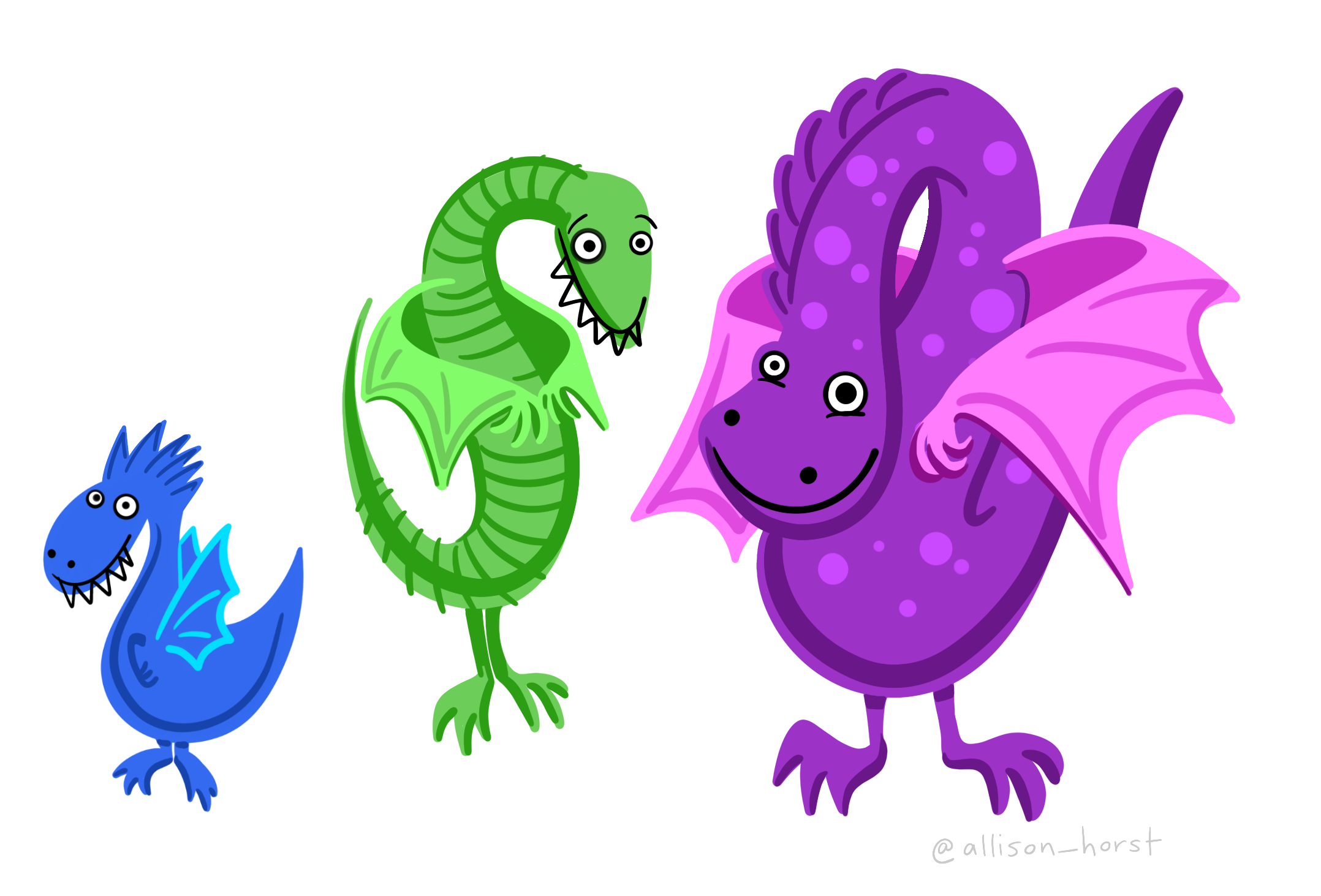 Three colourful cartoon dragons.