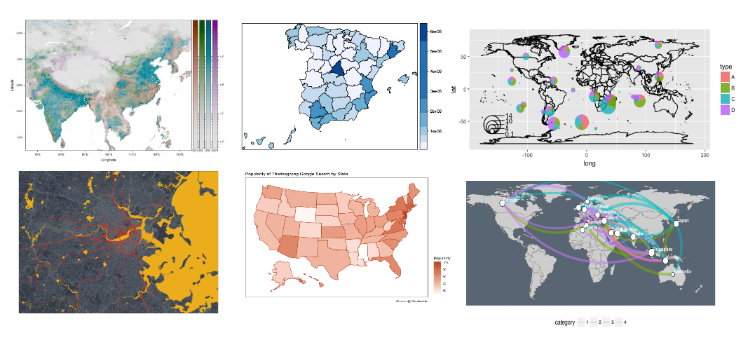 Six maps of Asia, the world, Spain, an area of US. All of varying colours and styles.