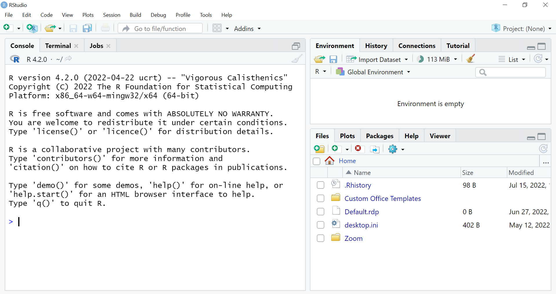 A screenshot of Rstudio showing eleven menus at the top left. One panel covers the left half with text about the R software. The right is divided into two panels with text saying that the environment is empty in the top panel and a display of the current file directory in the bottom panel.