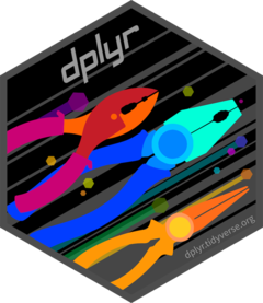 A hexagon with dplyr written in it and three colourful plyers on a space background