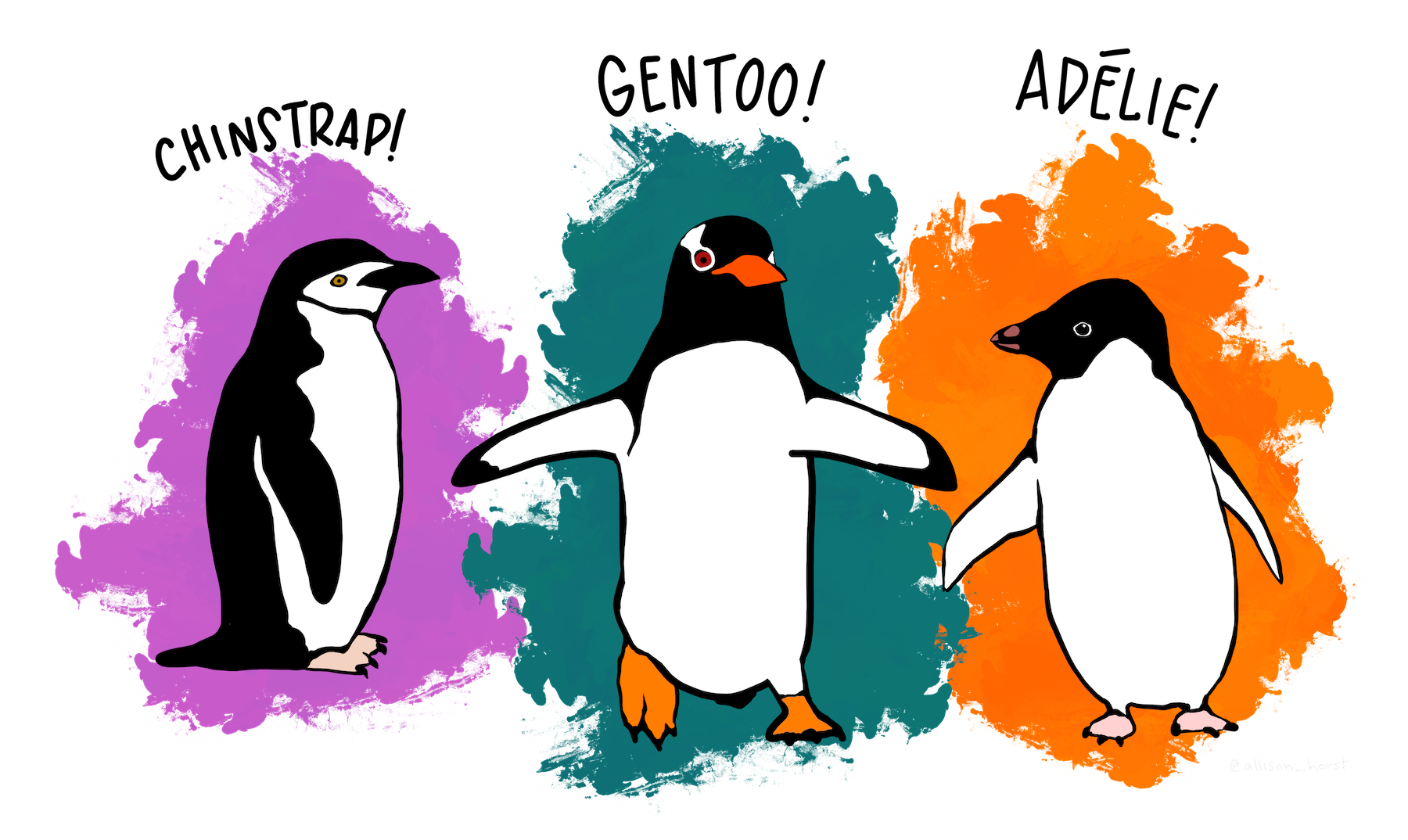 Three cartoon penguins with chinstrap, gentoo and adelie written above them.