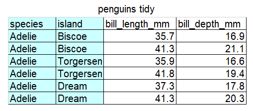 The text above the table is “penguins tidy”. It has the column names species, island, bill_length_mm and bill_depth_mm.